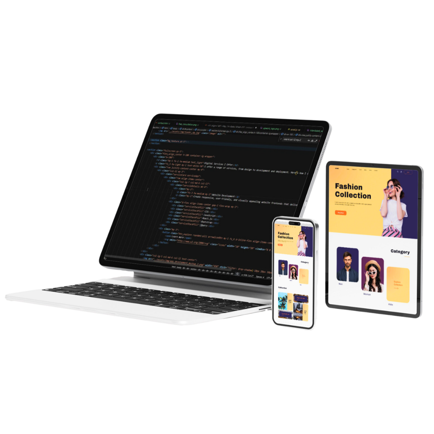 3d mockup of resposnive web designing and development on VS code